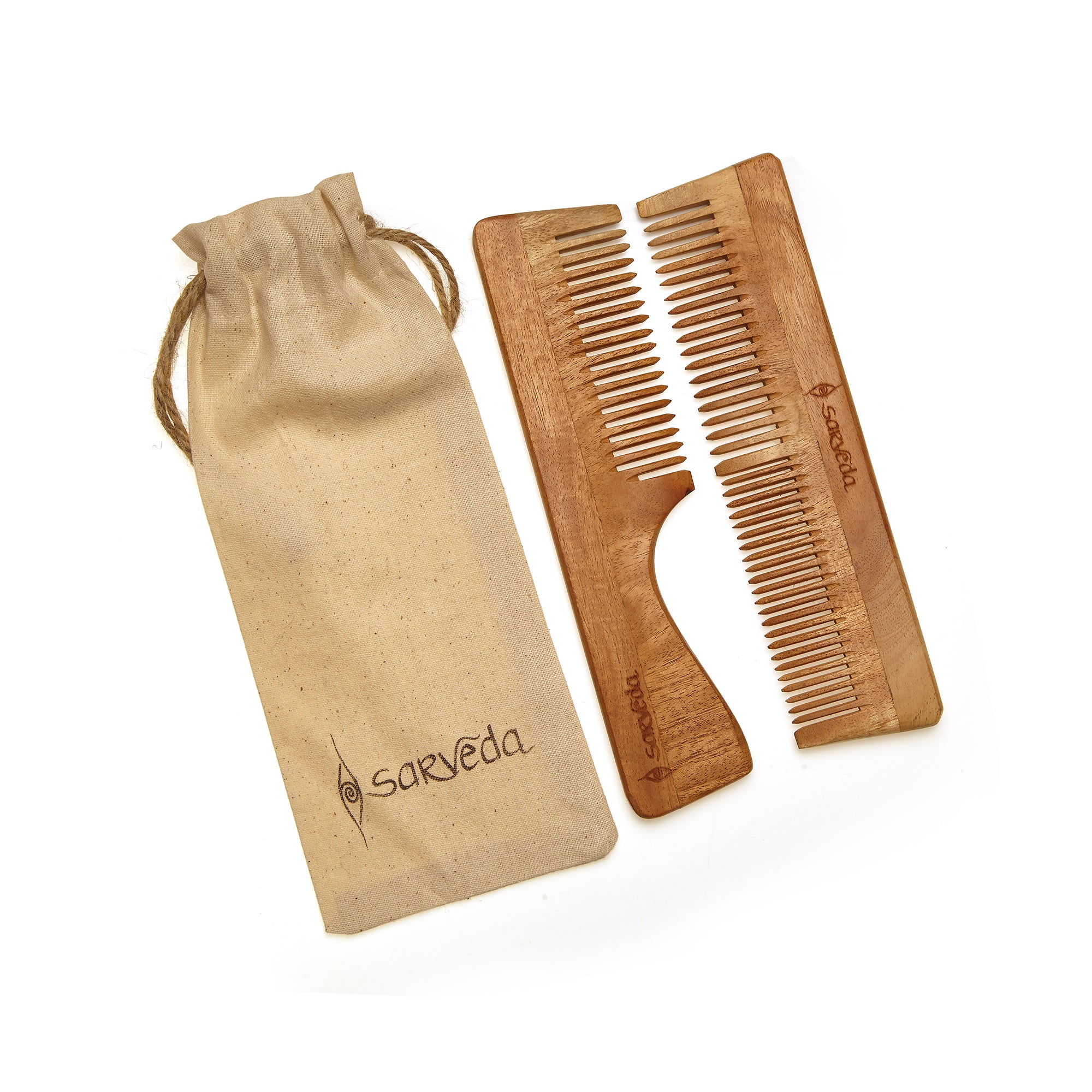 Sarveda Neem Wood Comb Combo of 2 - Straight and Handle