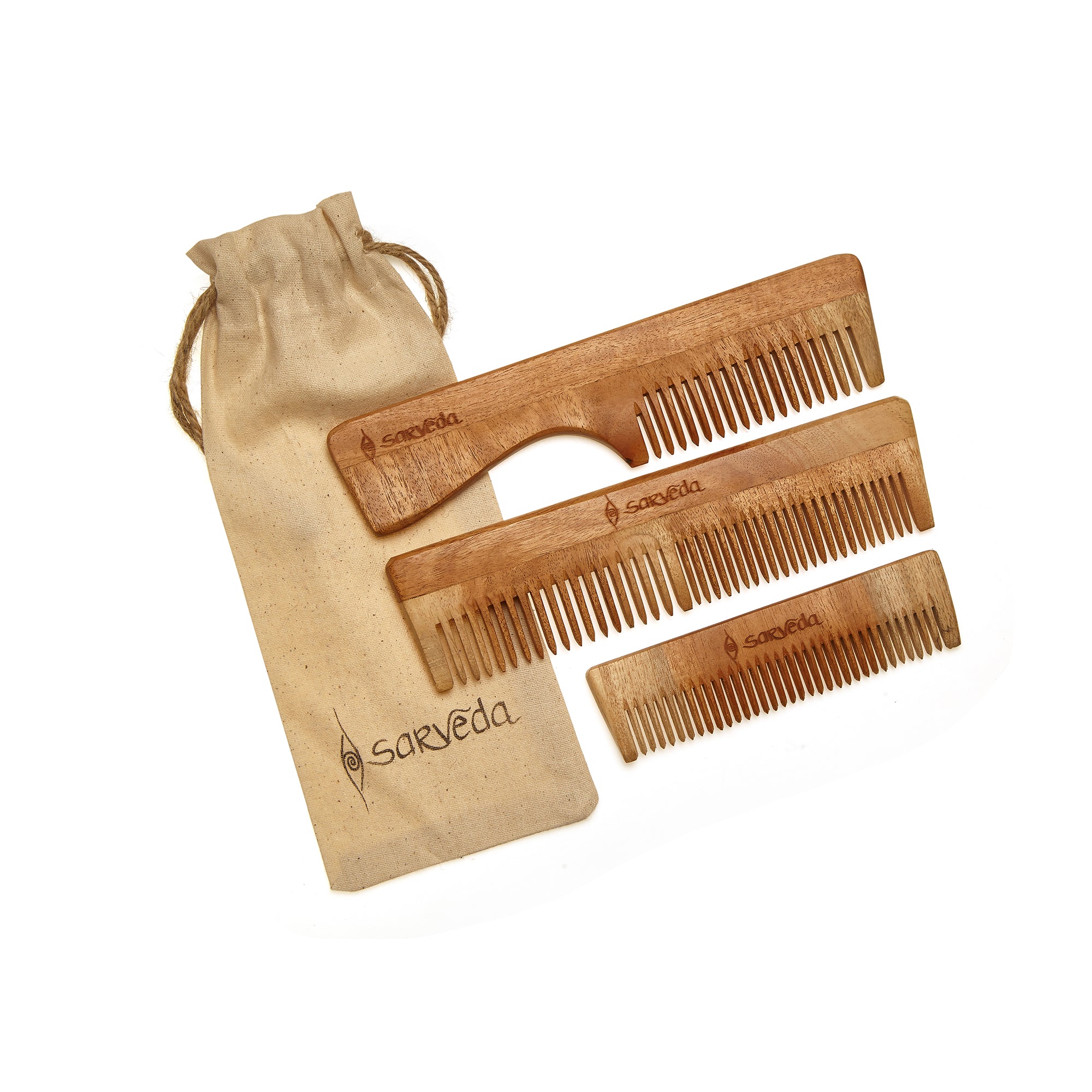 Sarveda Neem Wood Comb Combo of 3 - Straight ,Handle and Pocket Size