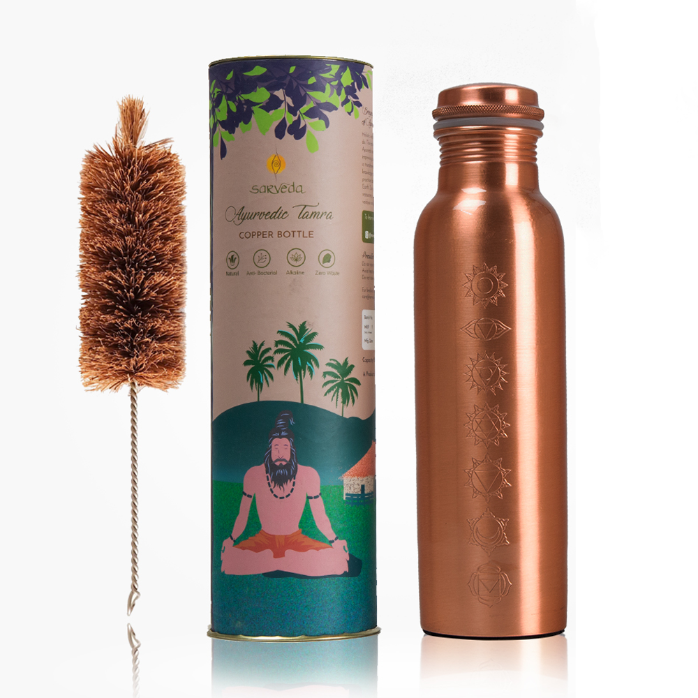 Sarveda 7 Chakra Plain Copper Water Bottle with Cleaning Brush | 1 Litre