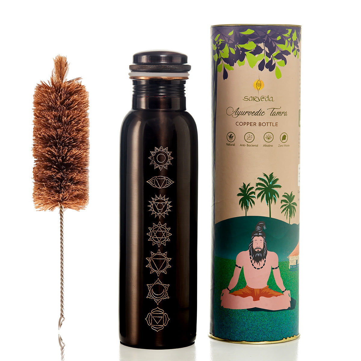 Sarveda 7 Chakra Vintage Copper Water Bottle with Cleaning Brush| 1 Litre