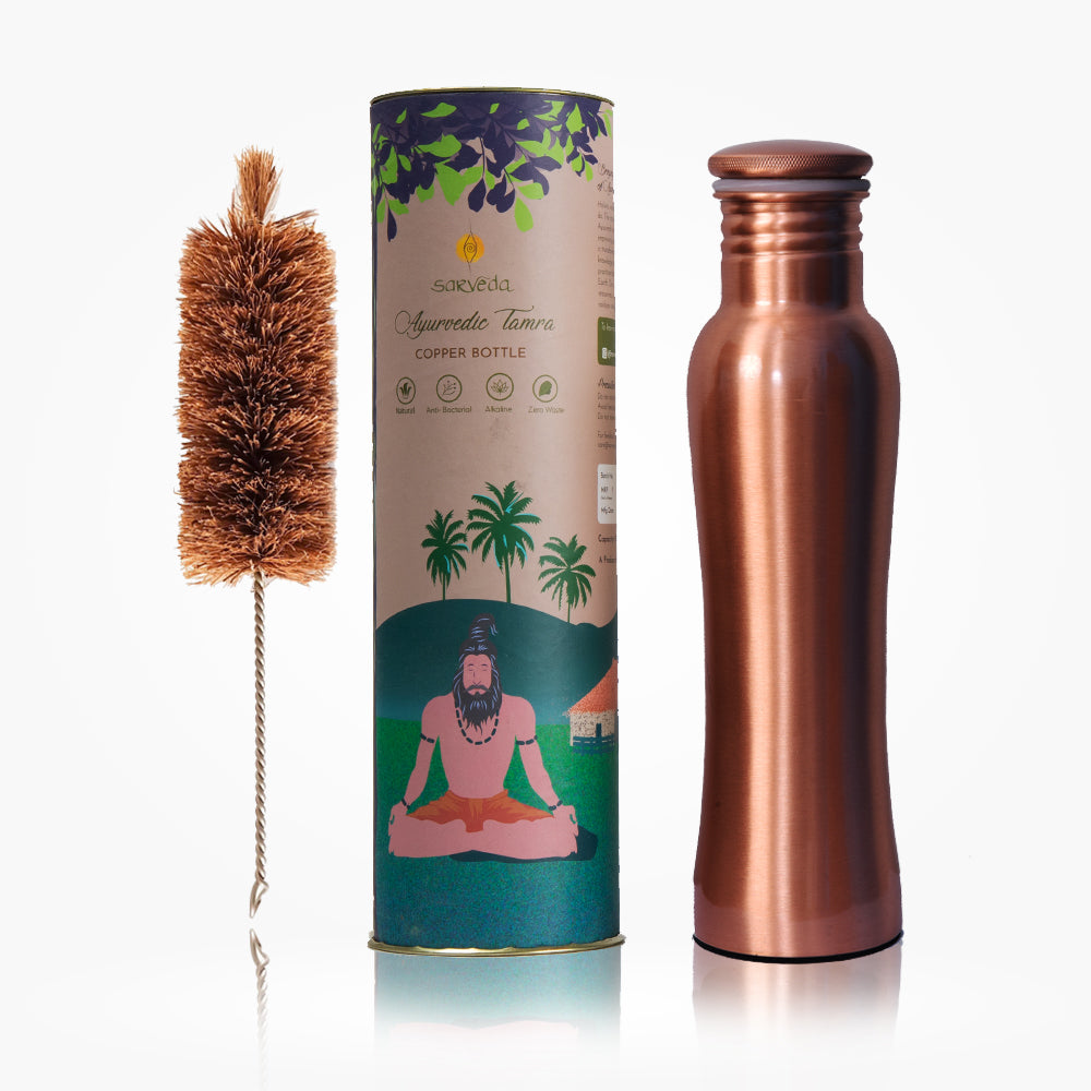 Sarveda Curved Plain Copper Water Bottle with Cleaning Brush | 1 Litre