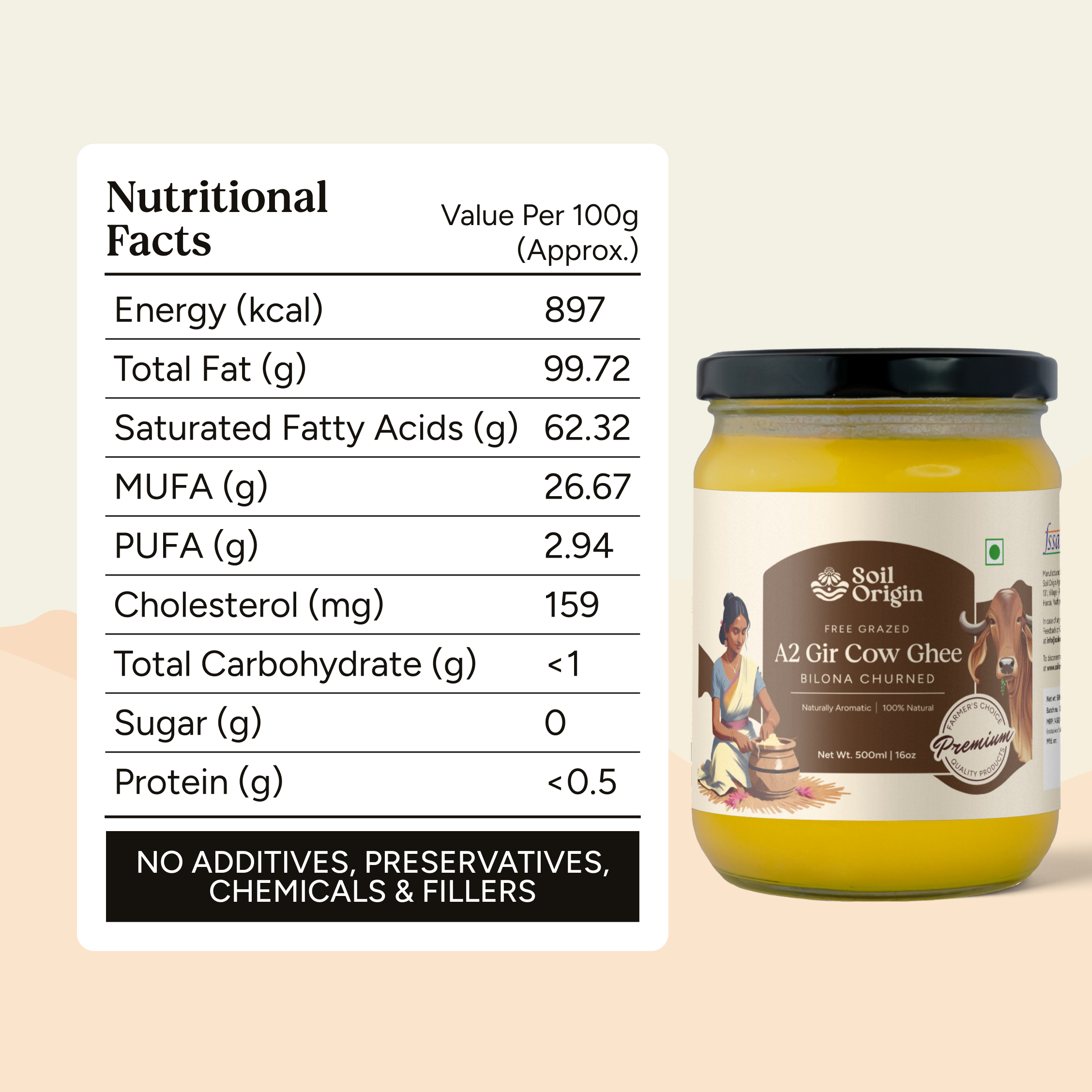 Soil Origin A2 Gir Cow Ghee (Bilona Churned)