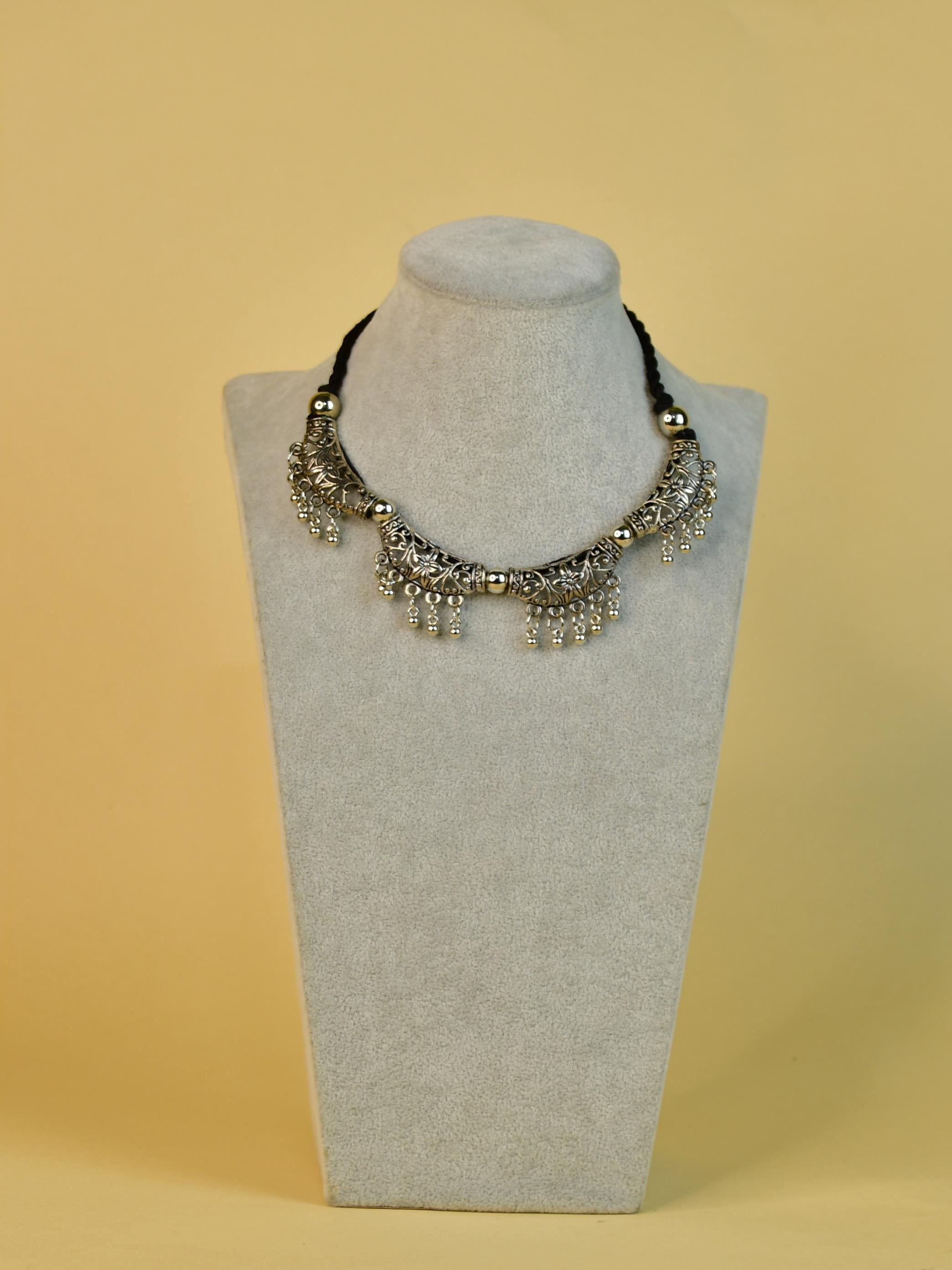 Sowpeace German Silver Choker: Floral Trapeziums & Water Drop Earrings