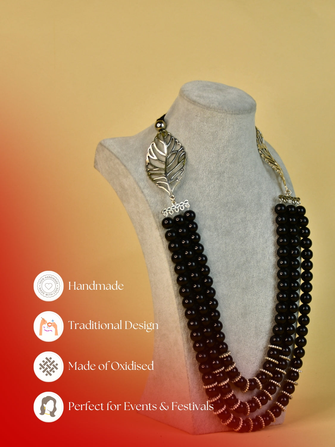 Sowpeace Handcrafted German Silver Necklace: Black Beads & Leaf Design