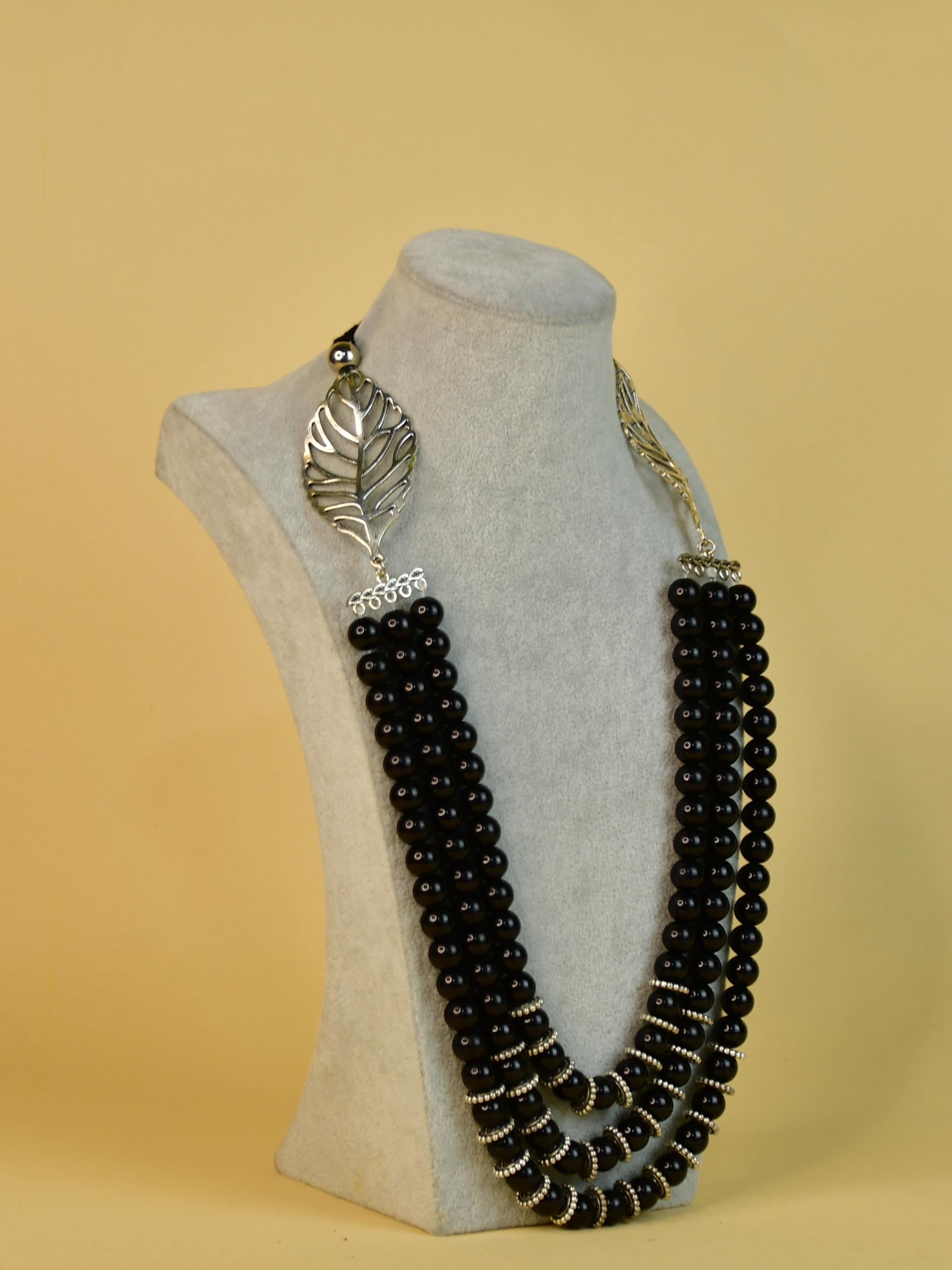 Sowpeace Handcrafted German Silver Necklace: Black Beads & Leaf Design