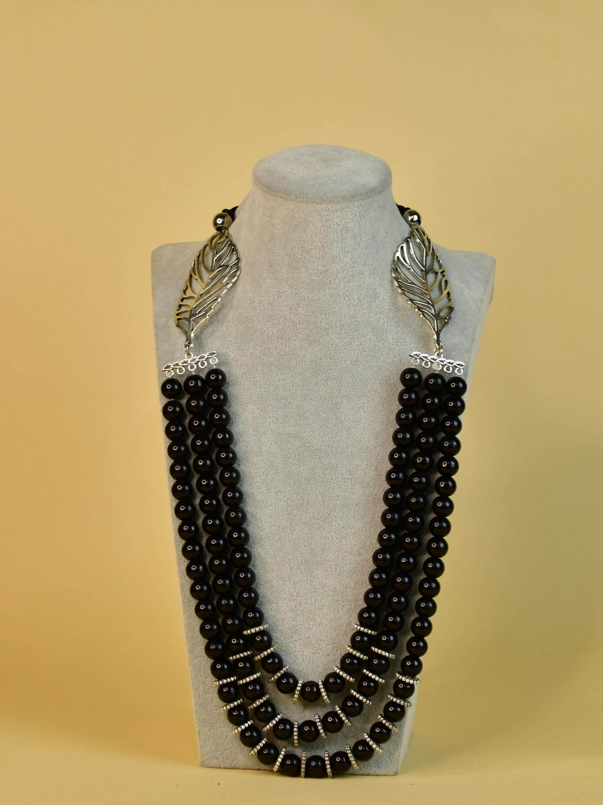 Sowpeace Handcrafted German Silver Necklace: Black Beads & Leaf Design