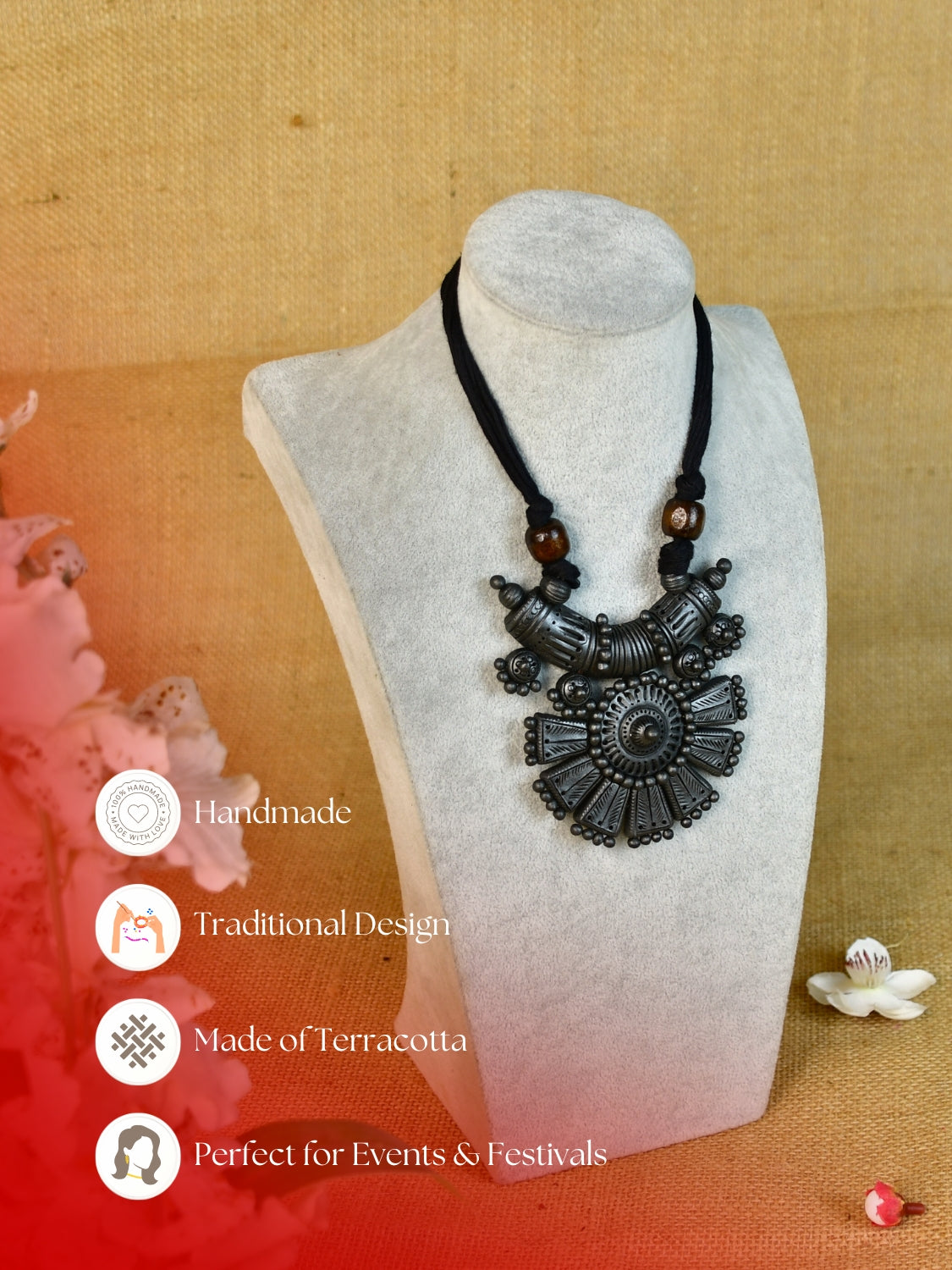 Sowpeace Handcrafted Terracotta Necklace: Crescent Pendant with Petal Design