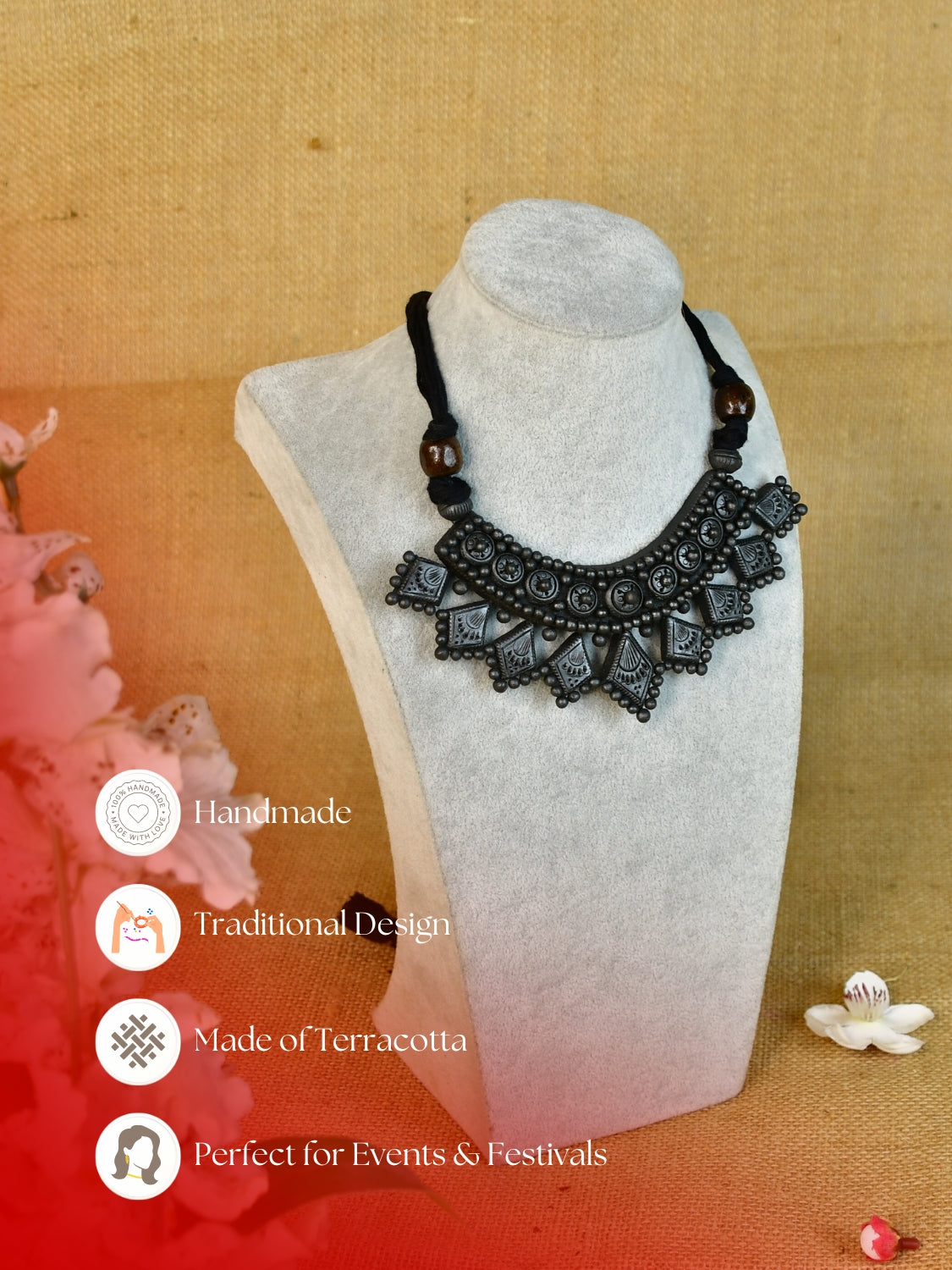 Sowpeace Handcrafted Terracotta Choker: Black with Kite Patterns