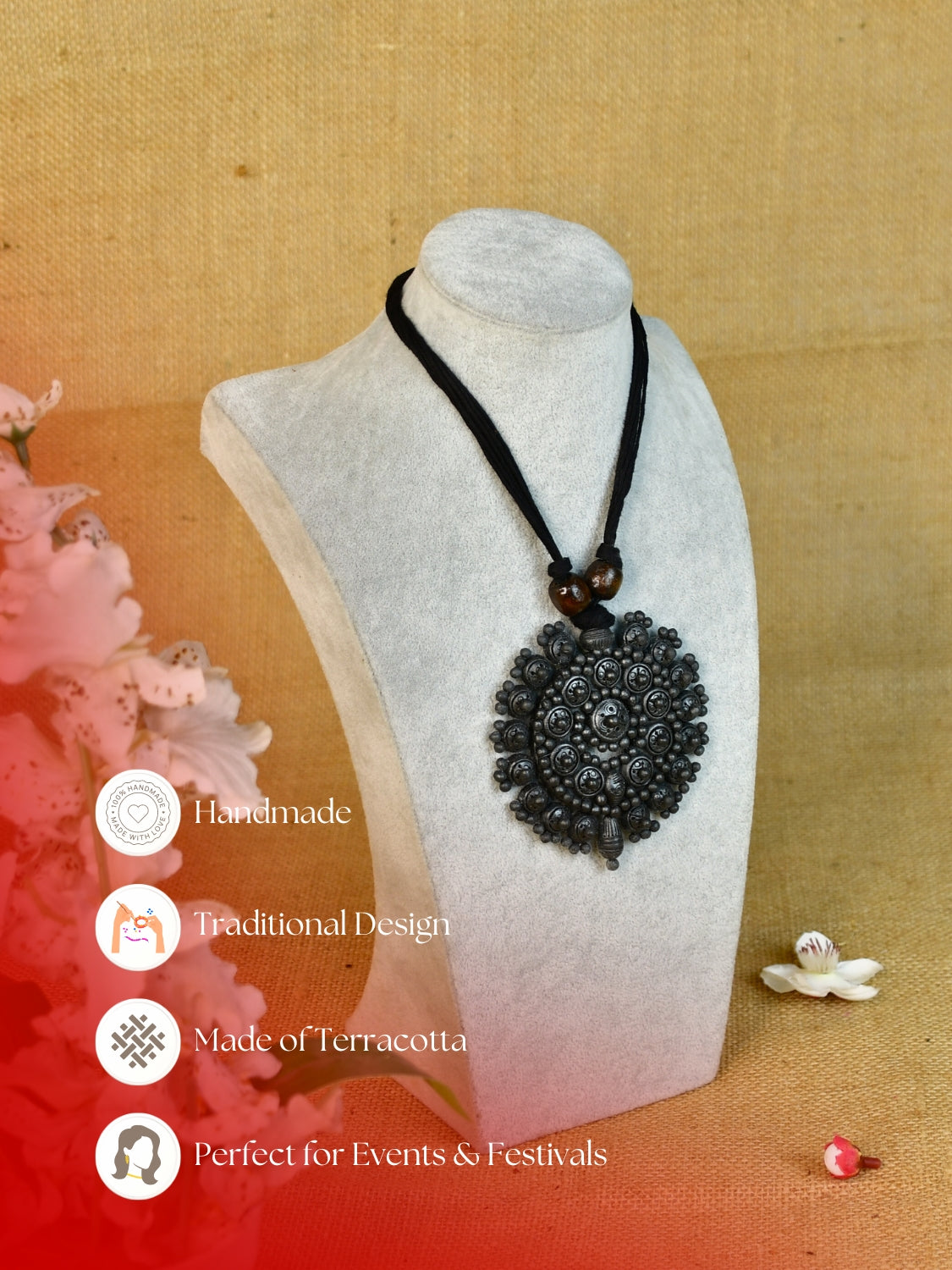 Sowpeace Handcrafted Terracotta Necklace: Black Pendant with Flower Design