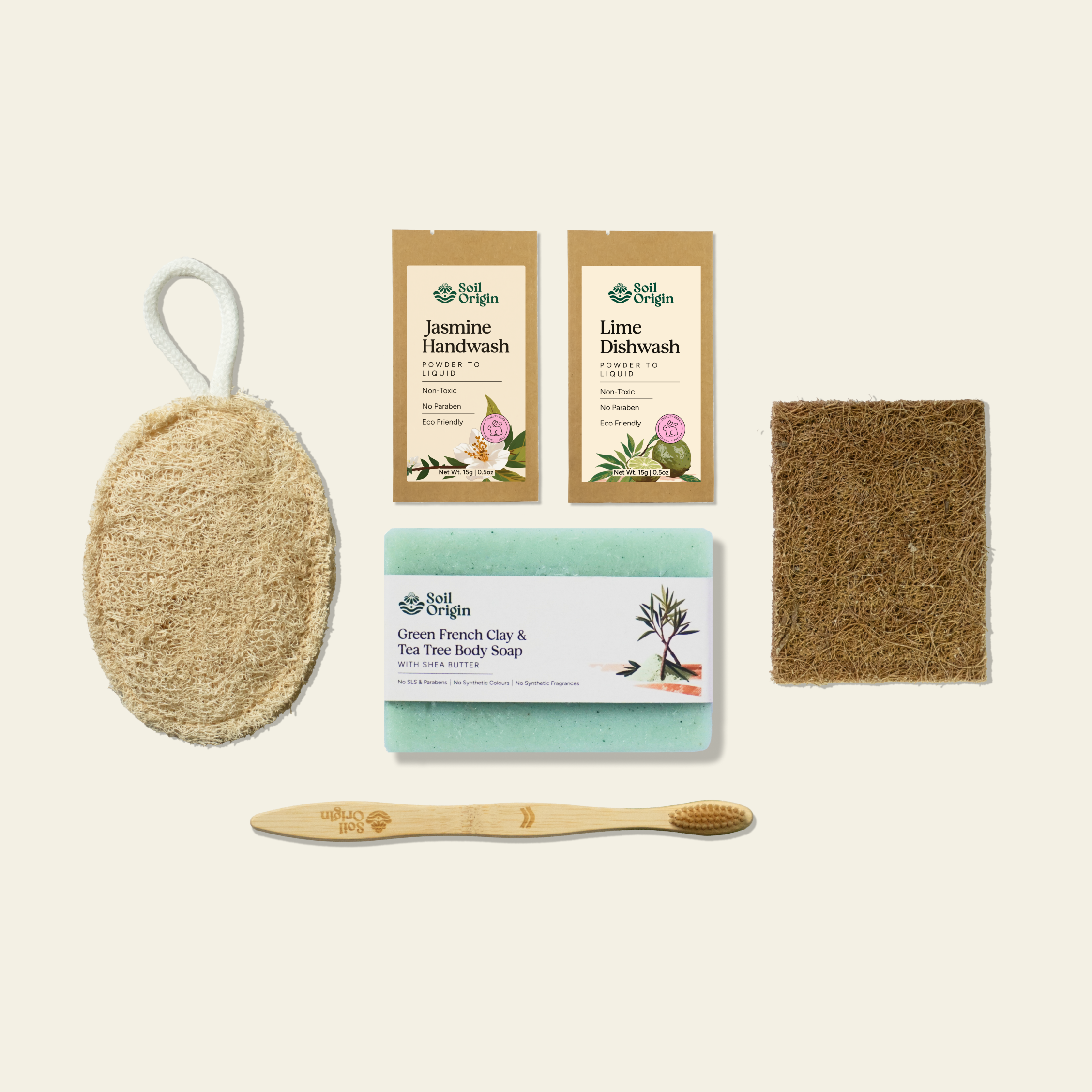 Soil Origin Eco-Friendly Home & Body Essentials Combo - Toothbrush, Loofah, Coconut Scrubber & More