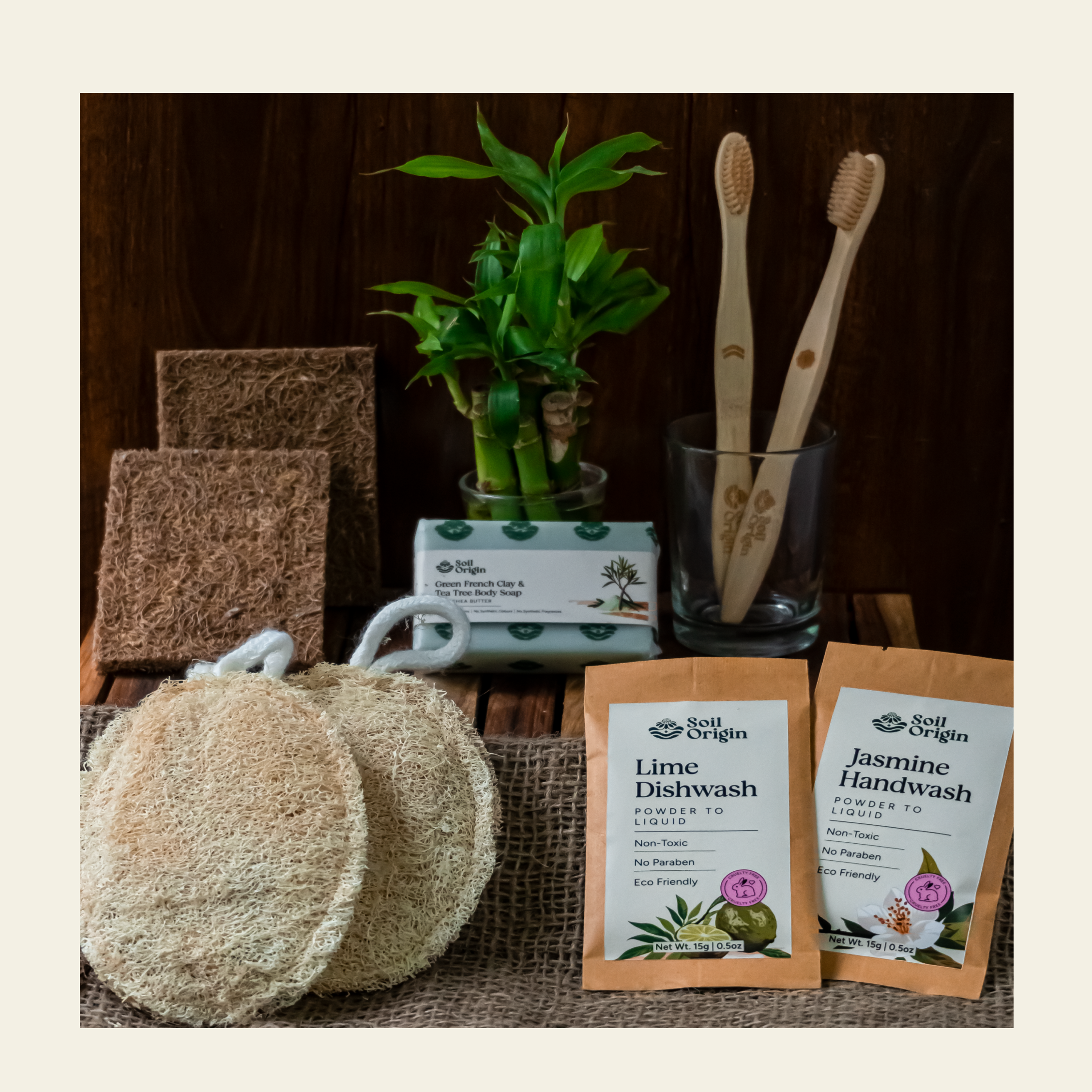 Soil Origin Eco-Friendly Home & Body Essentials Combo - Toothbrush, Loofah, Coconut Scrubber & More