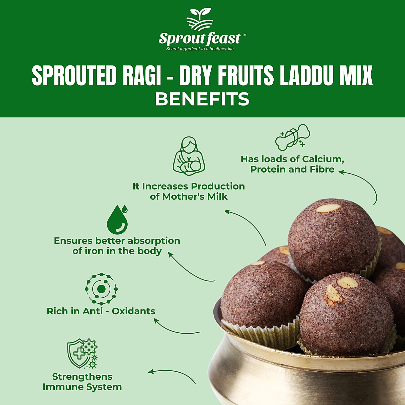 Sprout Feast Instant Sprouted Ragi Dry fruits Laddu Mix 250g