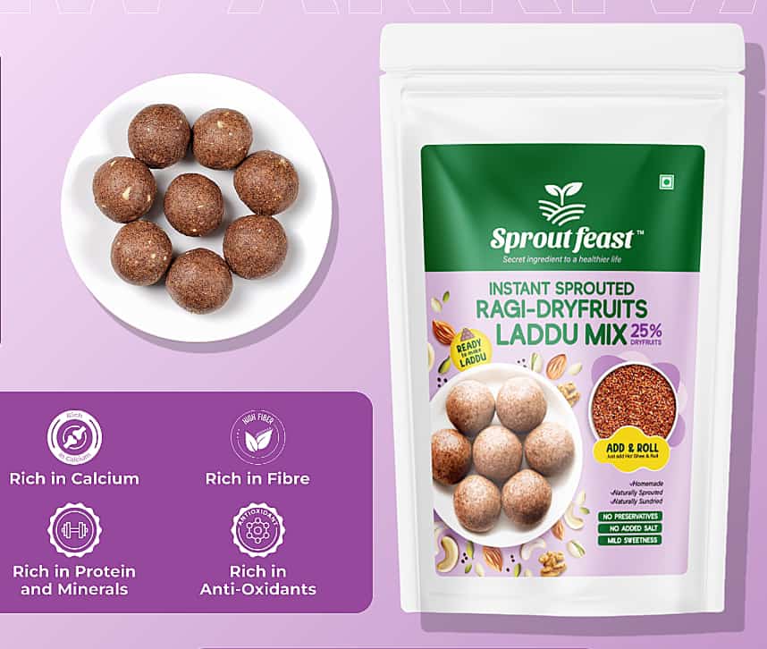 Sprout Feast Instant Sprouted Ragi Dry fruits Laddu Mix 250g