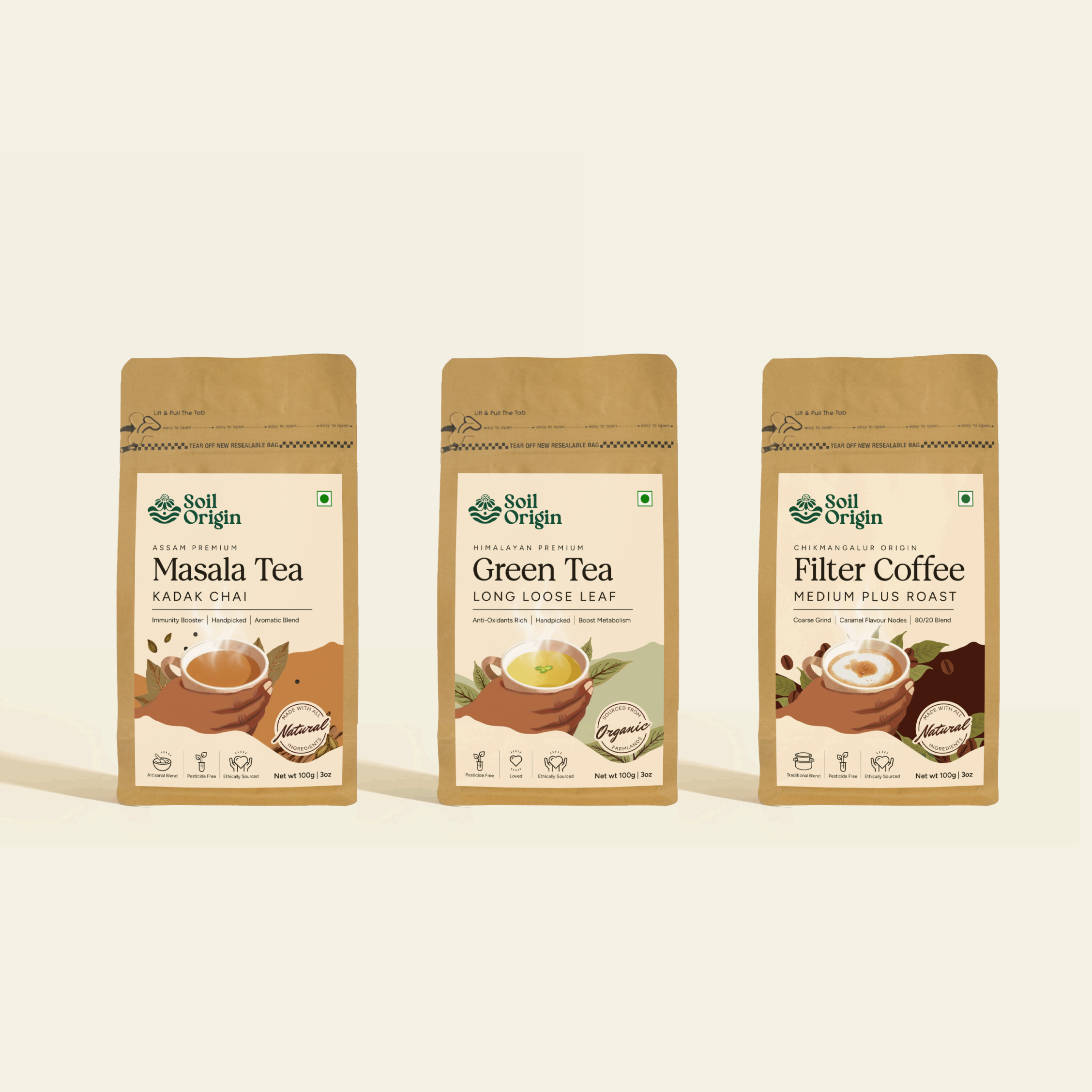 Soil Origin Tea & Coffee Essentials Combo - Assam Masala Tea, Himalayan Green Tea, Filter Coffee