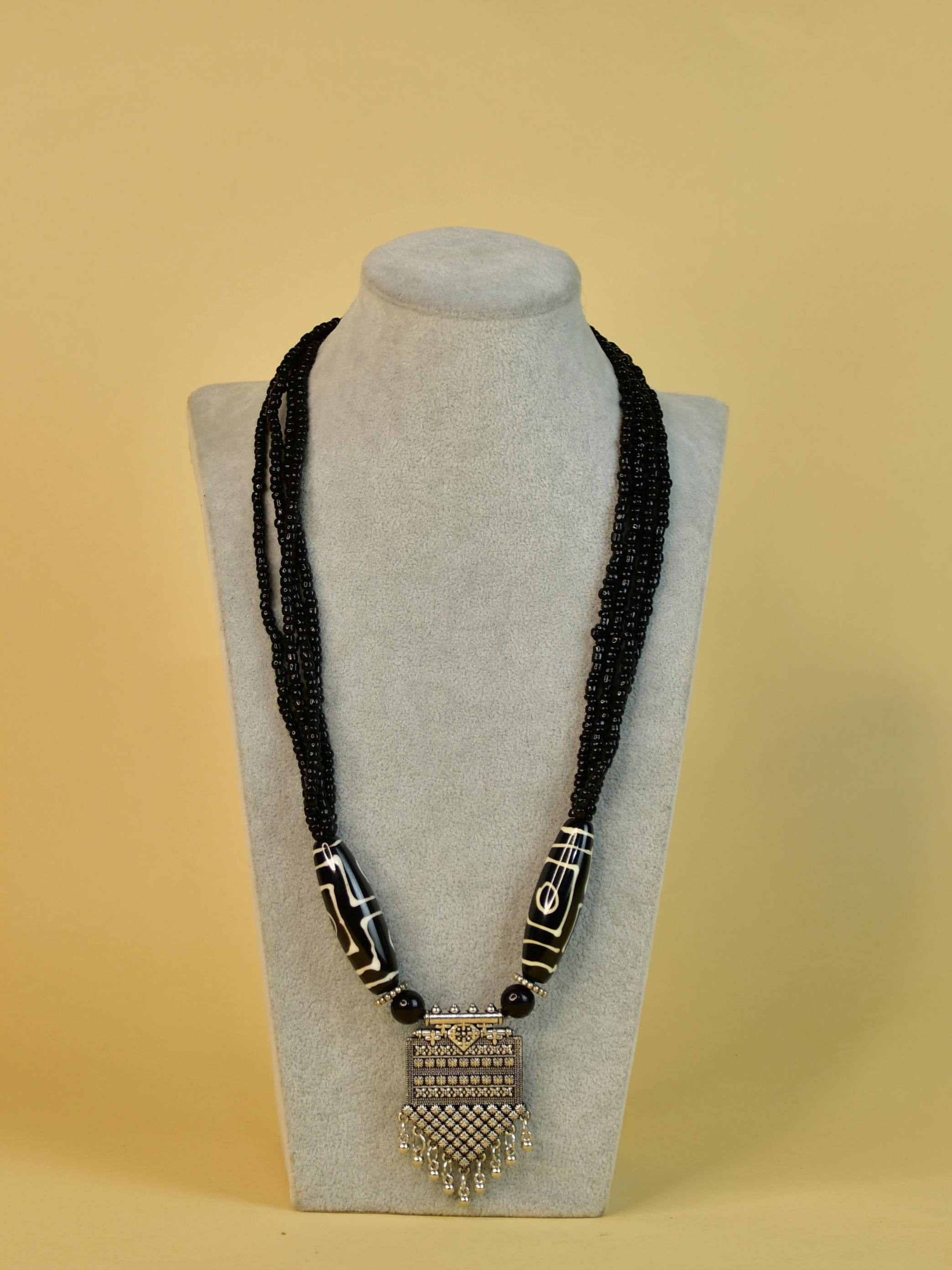 Sowpeace Handcrafted German Silver Necklace: Black Beads & Dzi Pendant