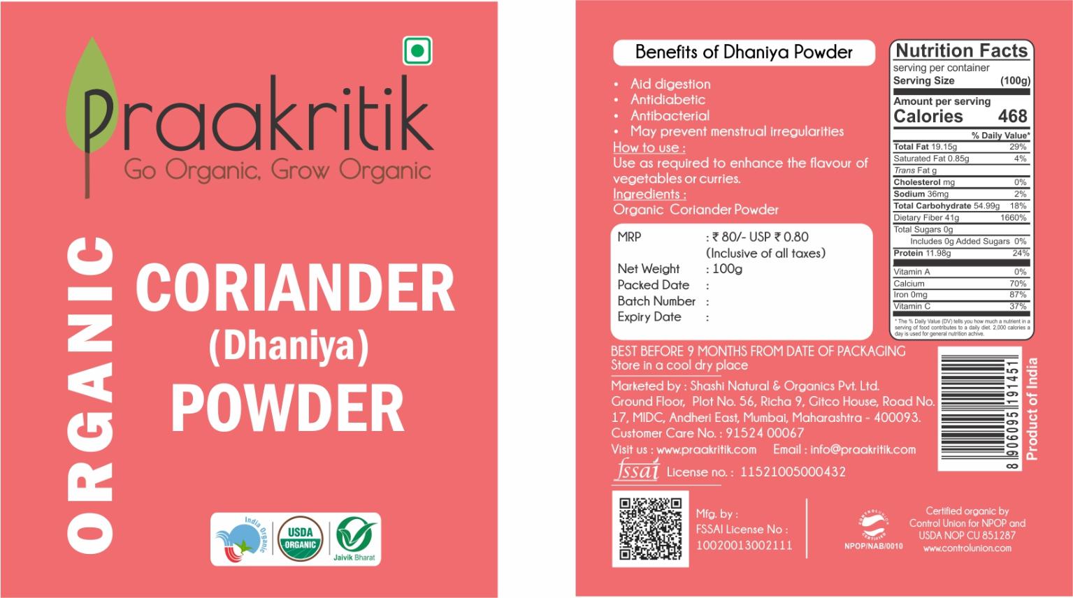 Praakritik Organic Dhaniya Powder 100g