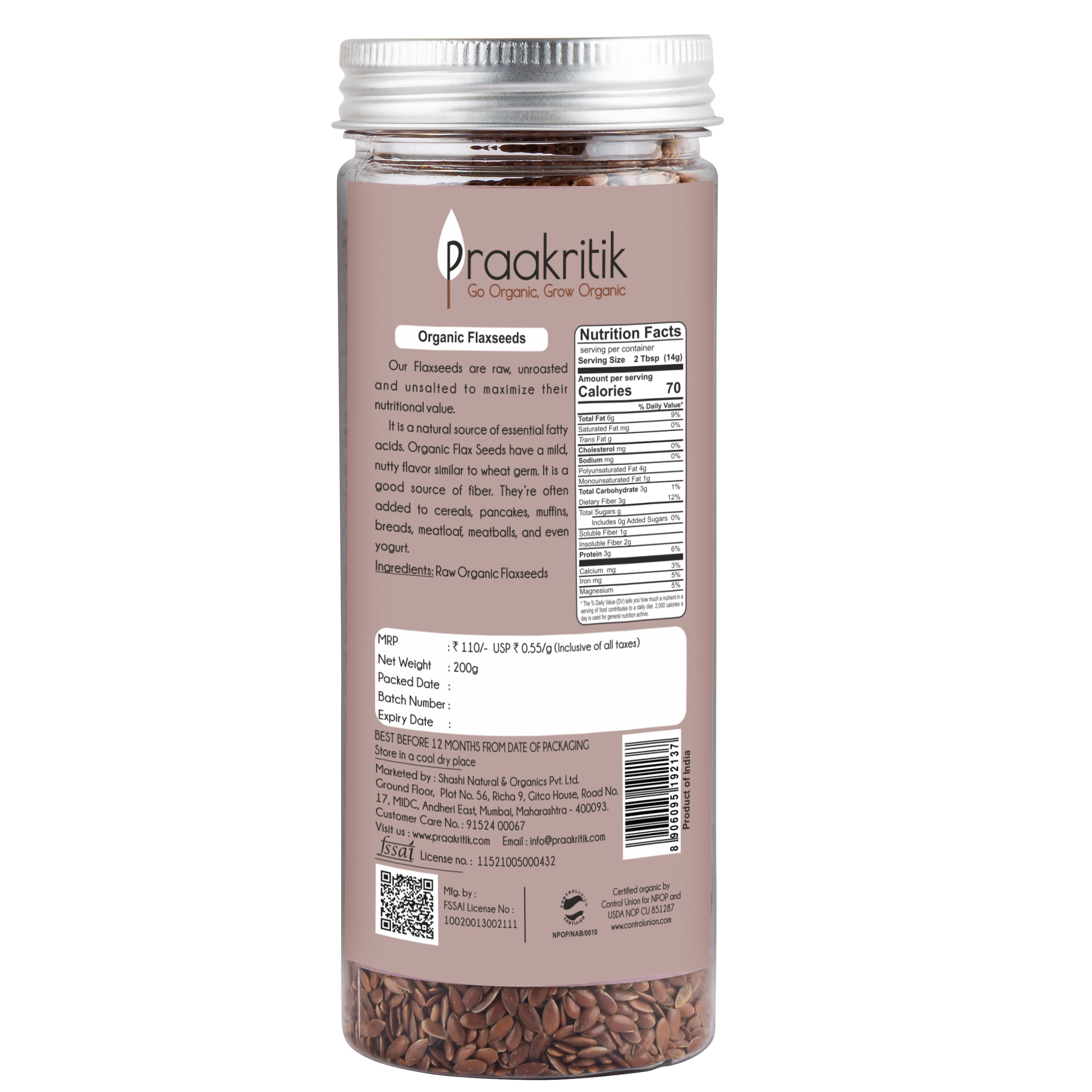 Praakritik Organic Raw Flaxseeds 200g