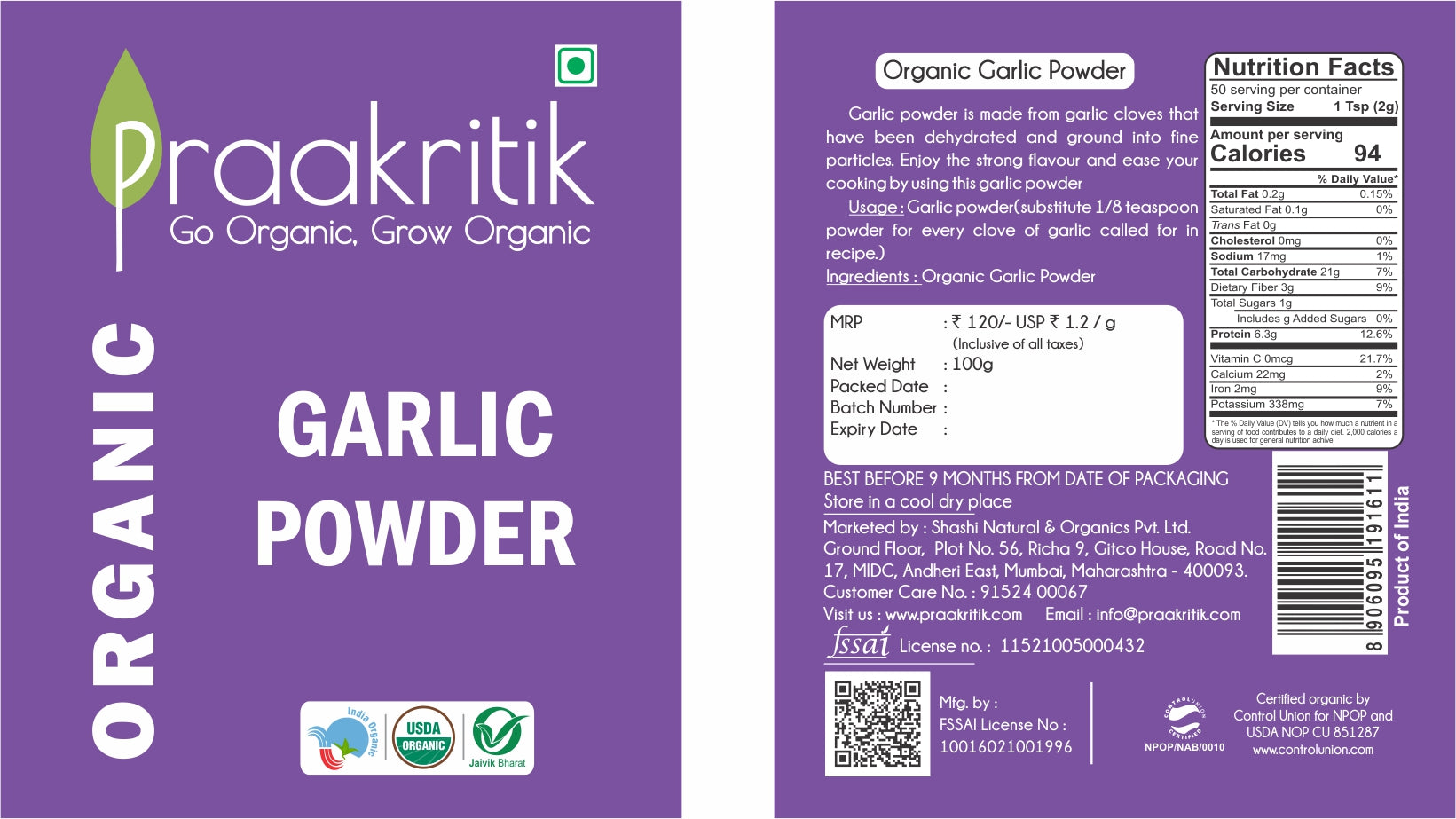 Praakritik Organic Garlic Powder 100g