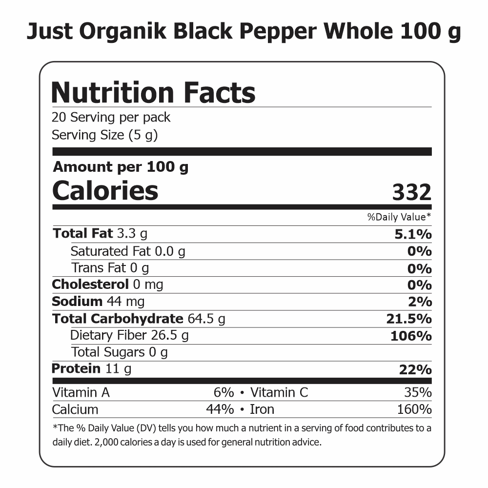 Just Organik Organic Black Pepper Whole 200g (pack of 2, 2x100g)